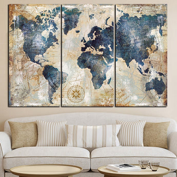 3Panel Watercolor World Map Modular Painting Posters and Prints